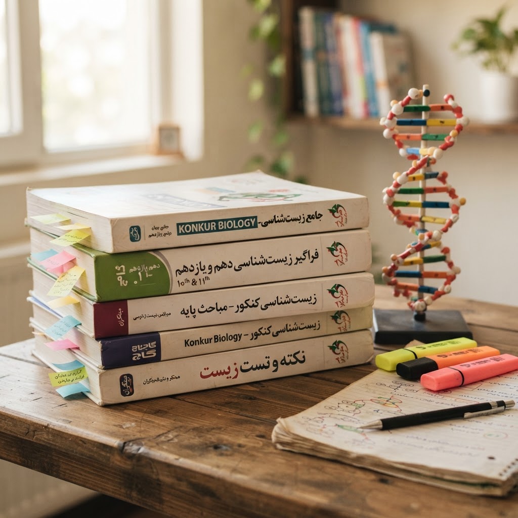 کتاب‌های زیست‌شناسی کنکور تجربی با مدل مولکول DNA و هایلایتر