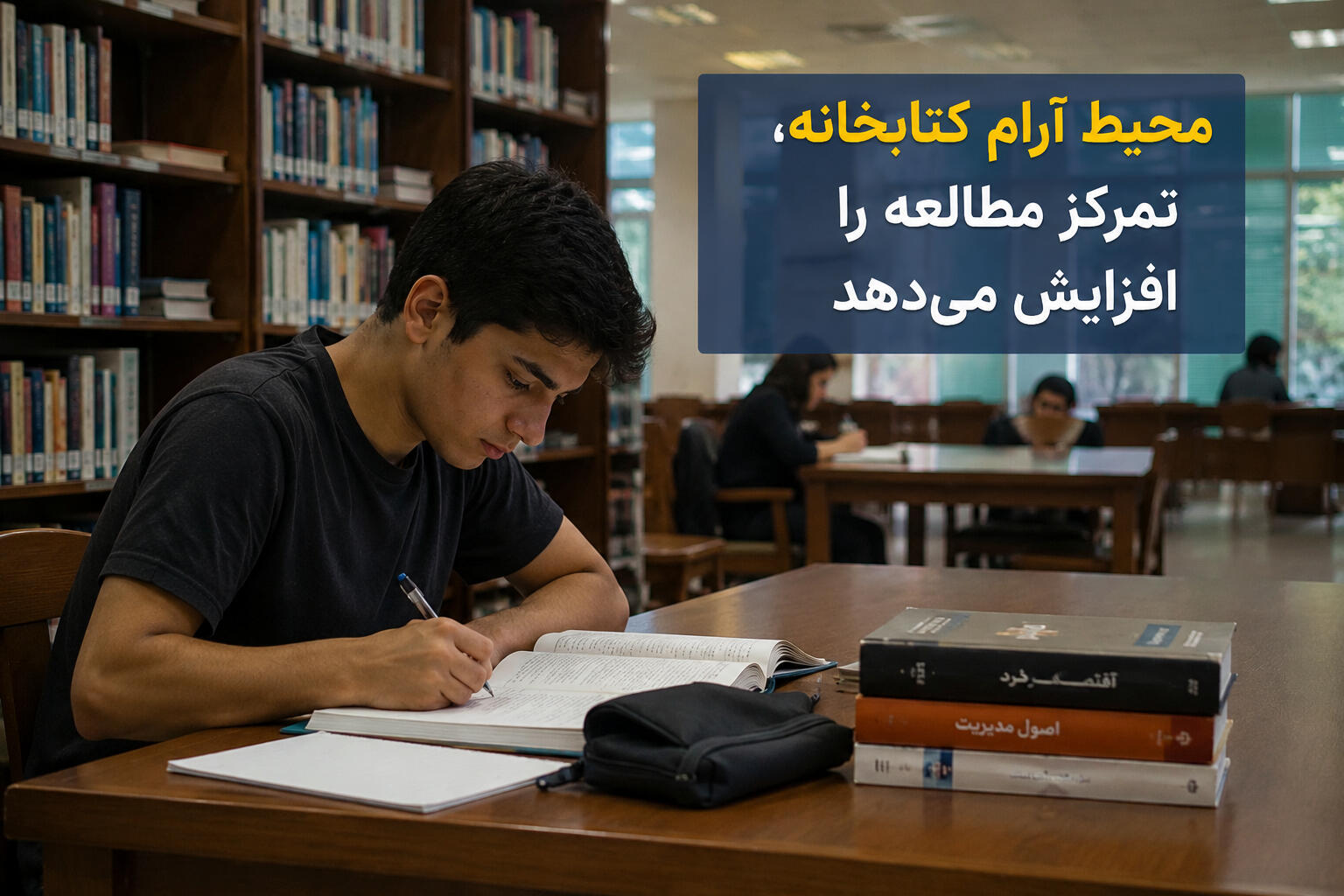 دانش‌آموز در کتابخانه در حال مطالعه