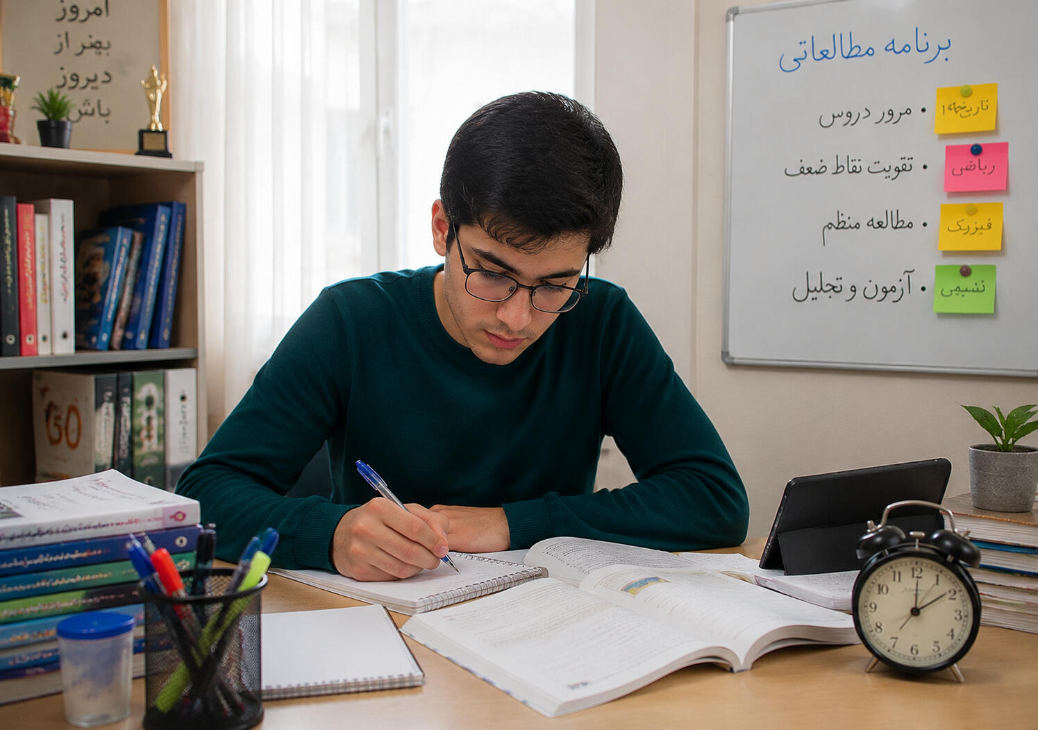 دانش‌آموز در حال برنامه‌ریزی و مطالعه